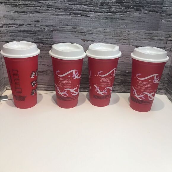 STARBUCKS 2013 Coffee 16oz Tumbler Cup Mug Red Plastic Reusable Cup set of 4 - Picture 3 of 5